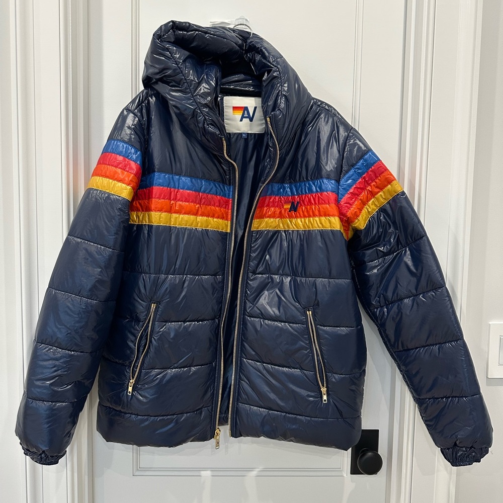 AVIATOR NATION 4 STRIPE LUXE TREKKER HOODIE JACKET - GLOSSY NAVY SIZE XL - Picture 13 of 13